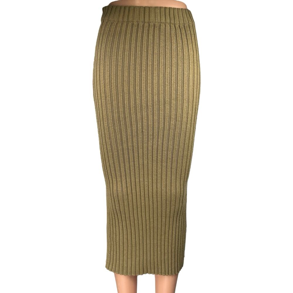 Emory Park Green Wool Rib Knit Slit Stretch Midi Straight Pencil Bodycon Skirt S